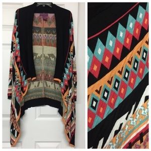 Southwest Aztec Multi Color Print Waterfall Long Cardigan Sz S